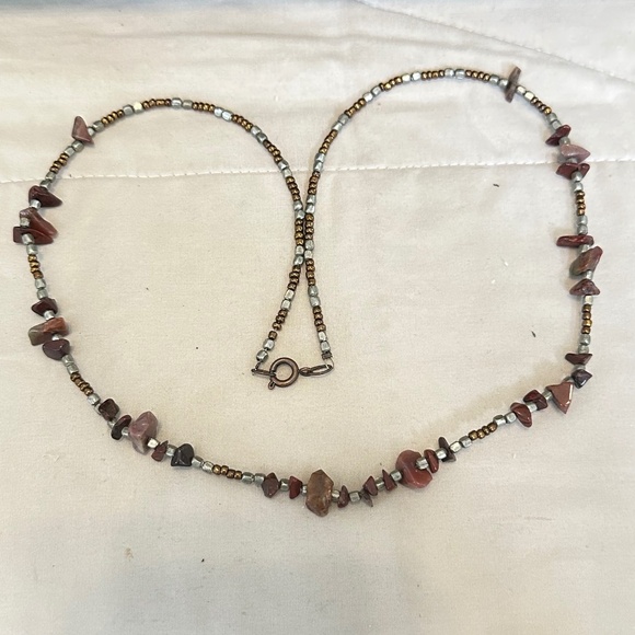 Red Jasper Stone Chip Necklace w/Multicolored Seed Beads Spring Ring Clasp - Picture 6 of 16